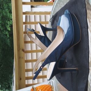 Nine West Navy Patent Peep-Toe Slingback Platform Heels